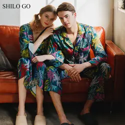 Шило GO пижамный комплект летние для мужчин домашние удобные Листья печати V образным вырезом с расклешенными рукавами однобортный блуз