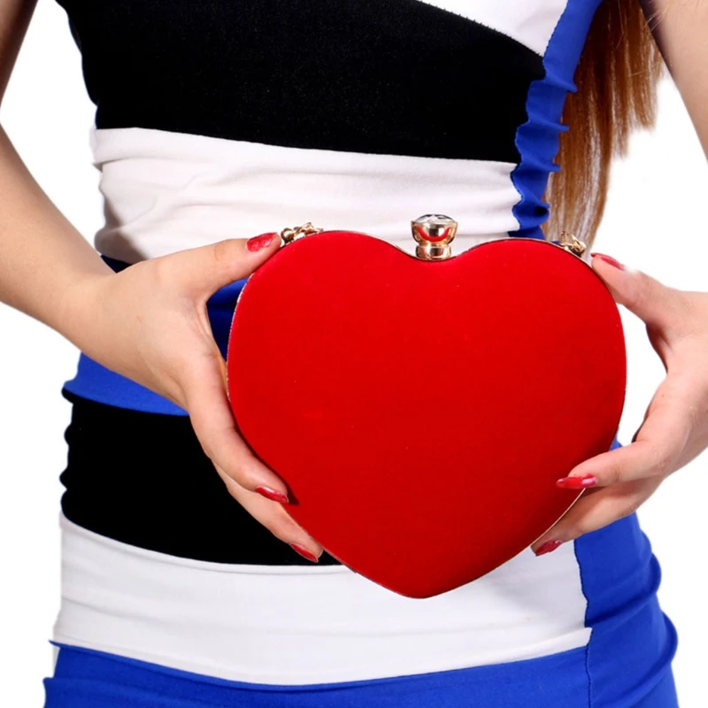 

2018 New Fashion Women Heart Clutch Bag Velvet Evening Bag Handbag Purse Chain Prom Party Wedding Shoulder Bags