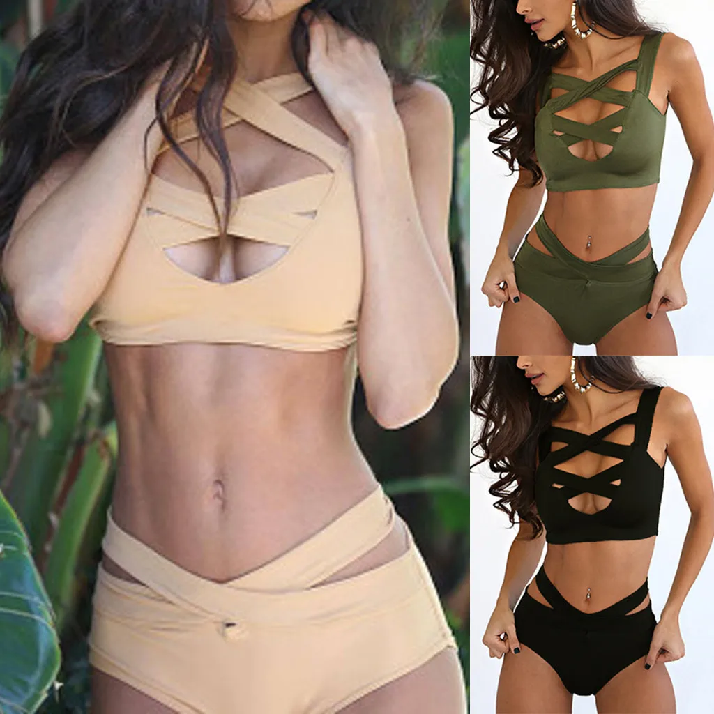 

Women Summer Beach Cross Bandage Padded Two Piece Solid Beige Black Bathing Suits Bikini Set Split Swimwear High Waist Swimsuit