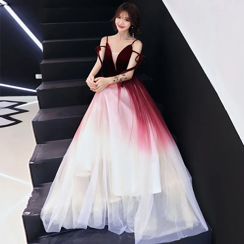 

Spaghetti Strap V-neck Wine Red Dress Velour Tulle Party Long Dress