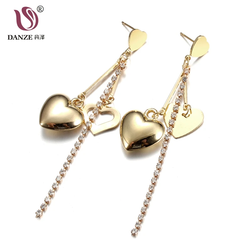 

DANZE Korean Romantic Double Heart Long Tassel Earrings for Women Female Charming Crystal Chain Pendant Earrings Jewelry