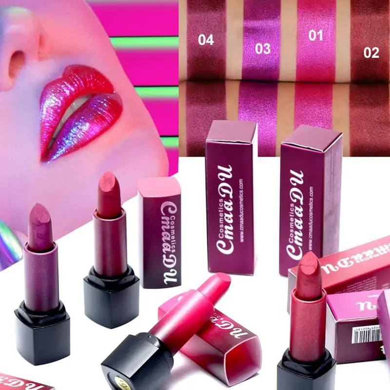CmaaDu Moisturizing Metal Dark Red Purple Lipstick Shiny Shimmer Lip Makeup Pearlescent Lipsticks Durable Waterproof Lip Stick