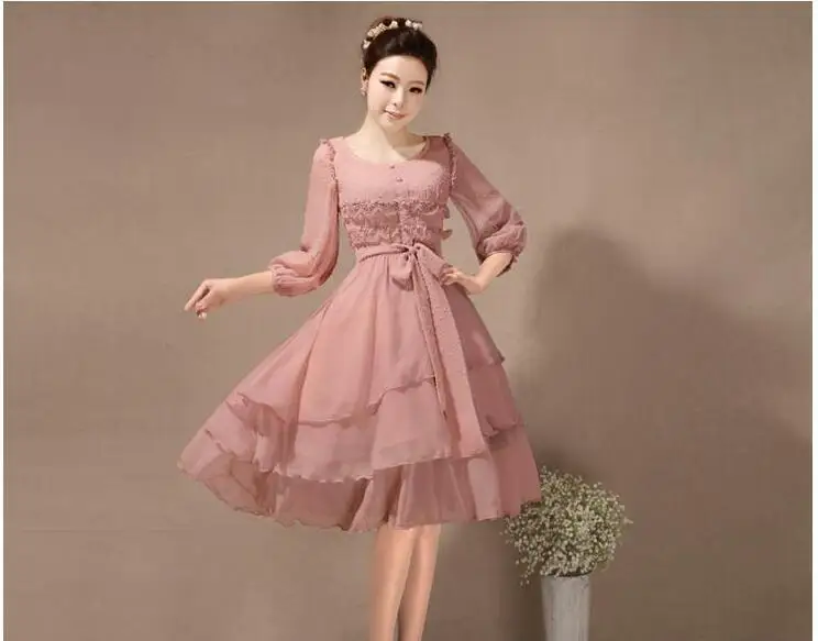 Осеннее женское кружевное лоскутное шифоновое платье однотонное платье с рукавом три четверти цельнокроеное платье