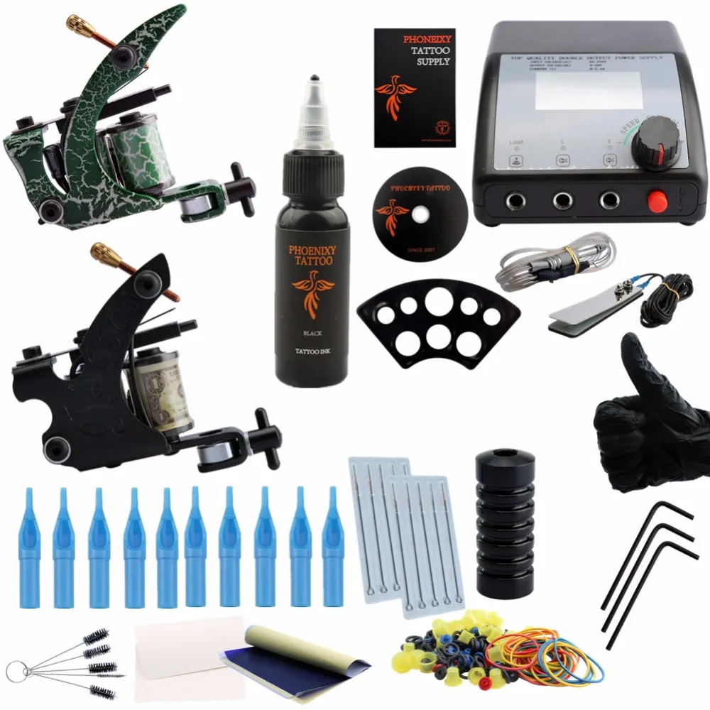 

Complete Tattoo Machine Kit Set 2 Coils Guns 30ML Black Pigment Sets LCD Power Supply Permanent Makeup Professional Tattoo Kits