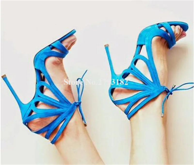 

Women Unique Style Suede Leather Stiletto Heel Carved Sandals Lace-up Red Blue High Heel Sandals Dress Shoes Heels