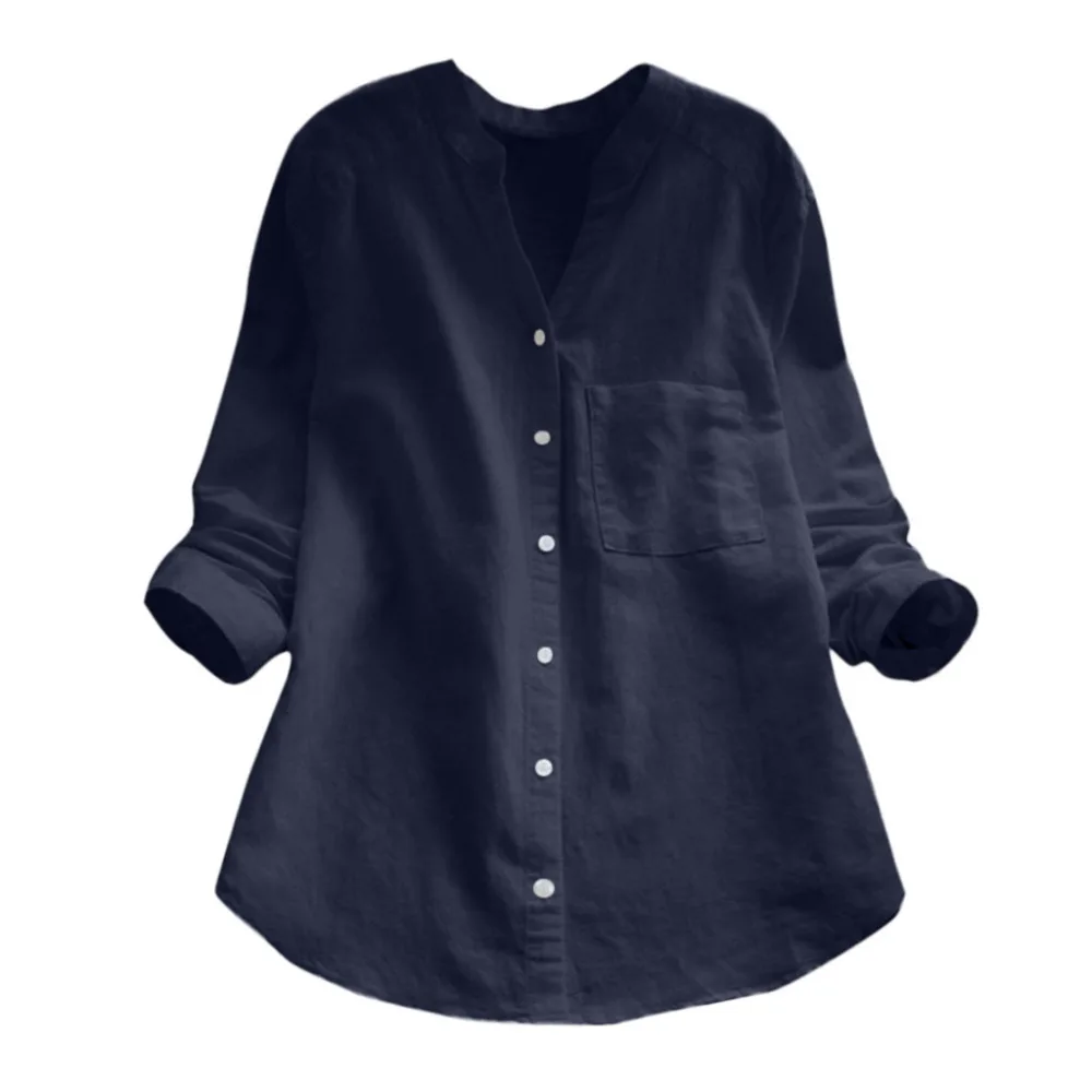 

2019 fashion Women Cotton linen shirts Casual Solid Long Sleeve Shirt Down Tops loose