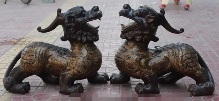 

S2528 19" Chinese Bronze Gilt PiXiu Phylactery Guardian Beast Unicorn Statue Pair