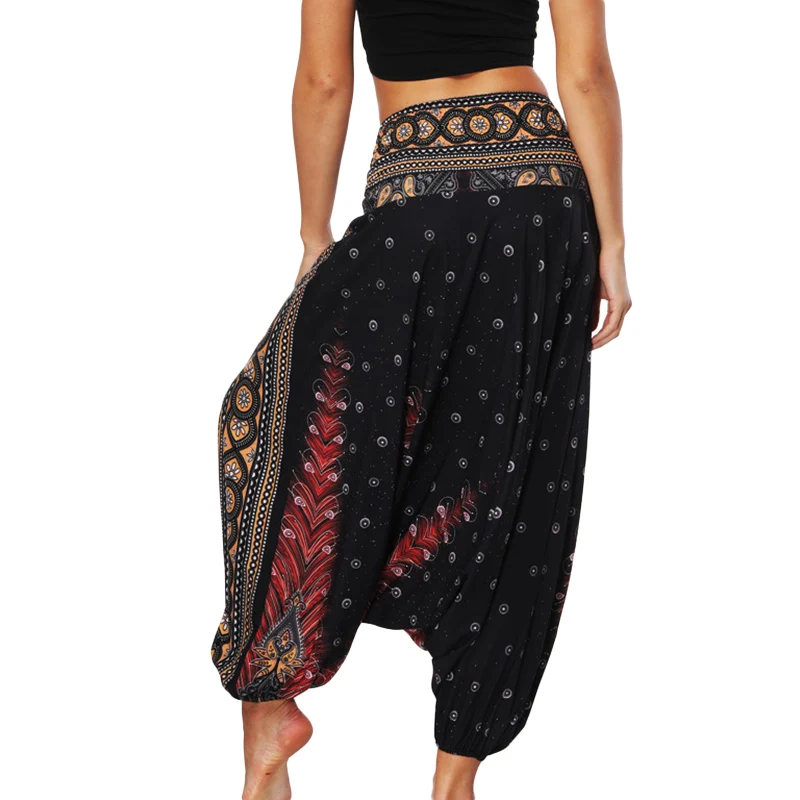 One Size Women Thai Indian Harem Trousers Comfy Boho Pants Long Beach Summer Pants Casual Loose Low Cut Floral Trousers