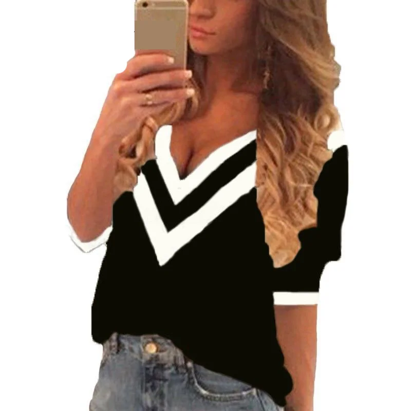 

2019 Summer Plus Size 3XL 4XL 5XL School Girls Blouses Women Striped Shirts Deep V Neck Sexy Loose Casual Tops female Tunic Lady