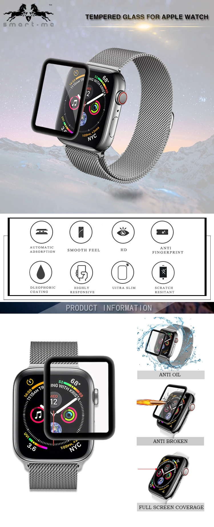 Full Cover Tempered Glass Screen Protector For Apple Watch Series 4