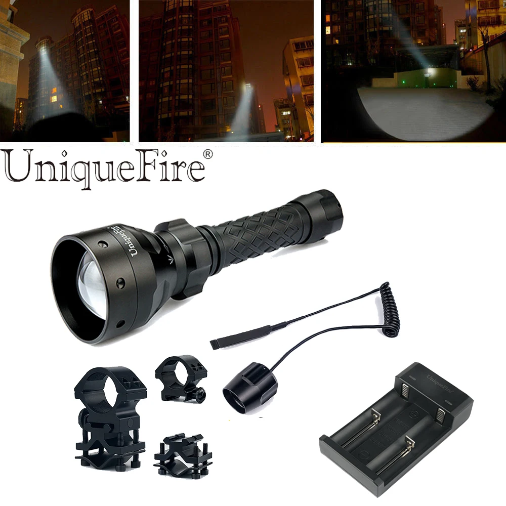 

UniqueFire Flashlight 1406-XPG White Light Zoom 3 Modes Waterproof Lamp Torch Kit: 1 Flashlight, 1 Rat Tail, 1 Mount, 1 Charger