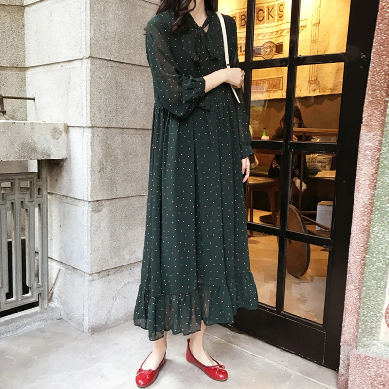 

Long Dot Chiffon Dress Women Full Sleeve Vintage Loose Ruffles Dresses Female High Street Dresses Over the Knee