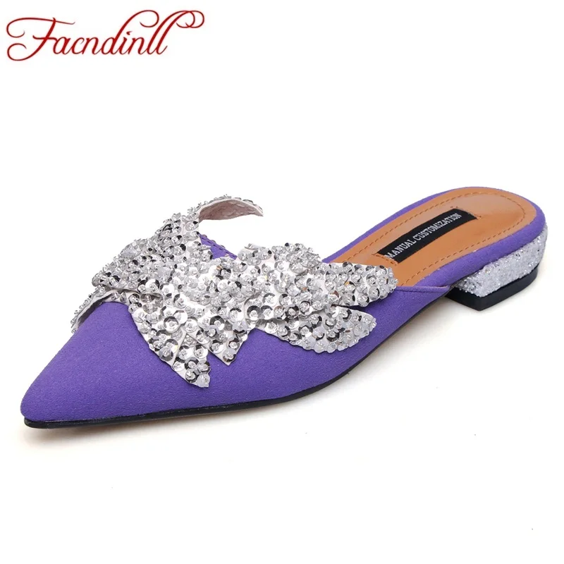 

FACNDINLL women summer slippers 2019 new fashion genuine leather low heels pointed toe shoes woman dress party casual sandals