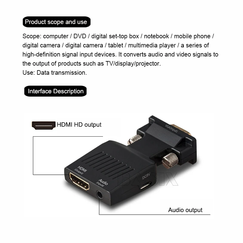 Basix VGA мужчина к HDMI Женский конвертер с аудио-адаптером кабели 1080P для HDTV монитор проектор ПК PS3 адаптер конвертер