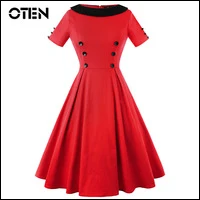 OTEN-Women-party-vintage-dress-Short-sleeve-Button-Patchwork-Rockabilly-pin-up-Knee-Length-midi-casual (2)