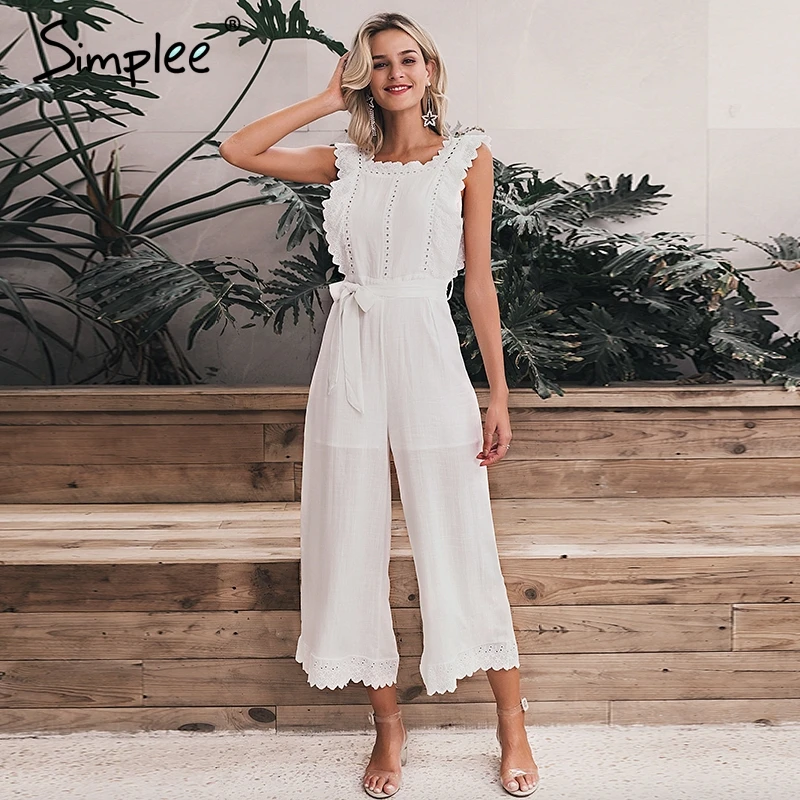 Prix Simplee coton lin ébouriffé broderie femmes combinaison élégante évider ceintures longue combinaison barboteuse décontracté dames salopette