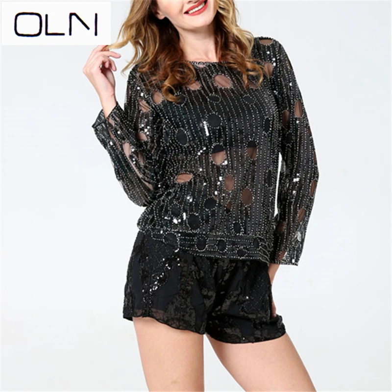

Lace Shirt Mesh Hong Kong OLN Sequins Beaded Women's Tops Heavy Industry Fashion Perspective Bottoming Lace Shirt