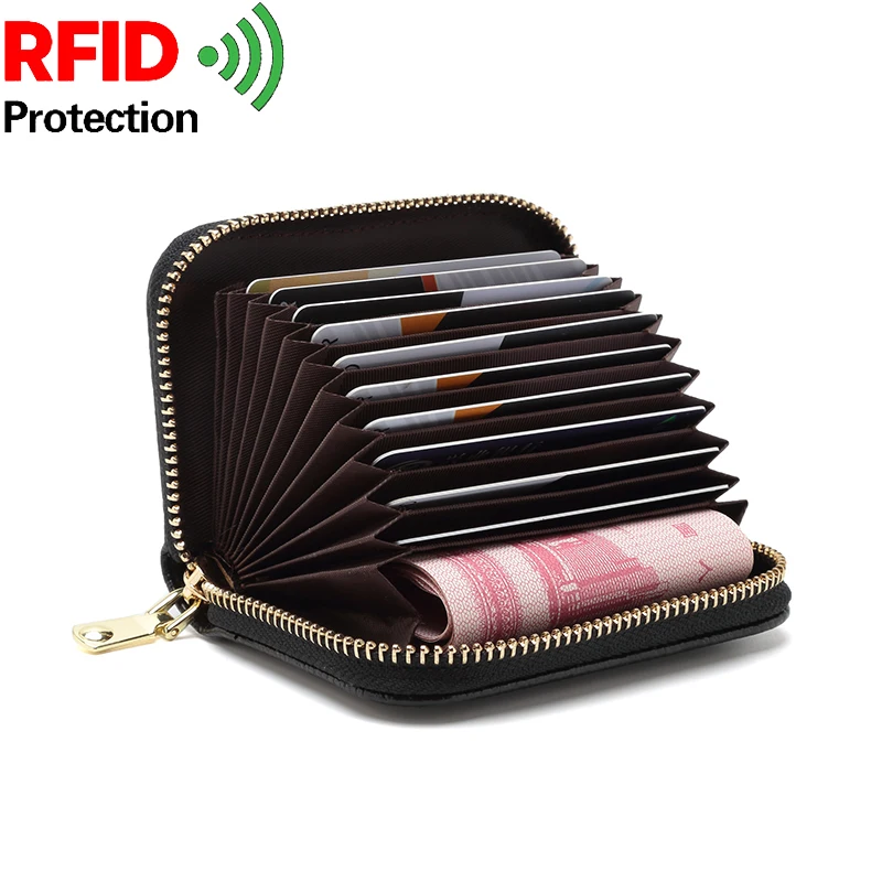 

Cow Leather Organ Id Card Holder Travel Wallet Rfid Anti-Theft Card Holder Business Card Package Zipper Small Wallet 1626
