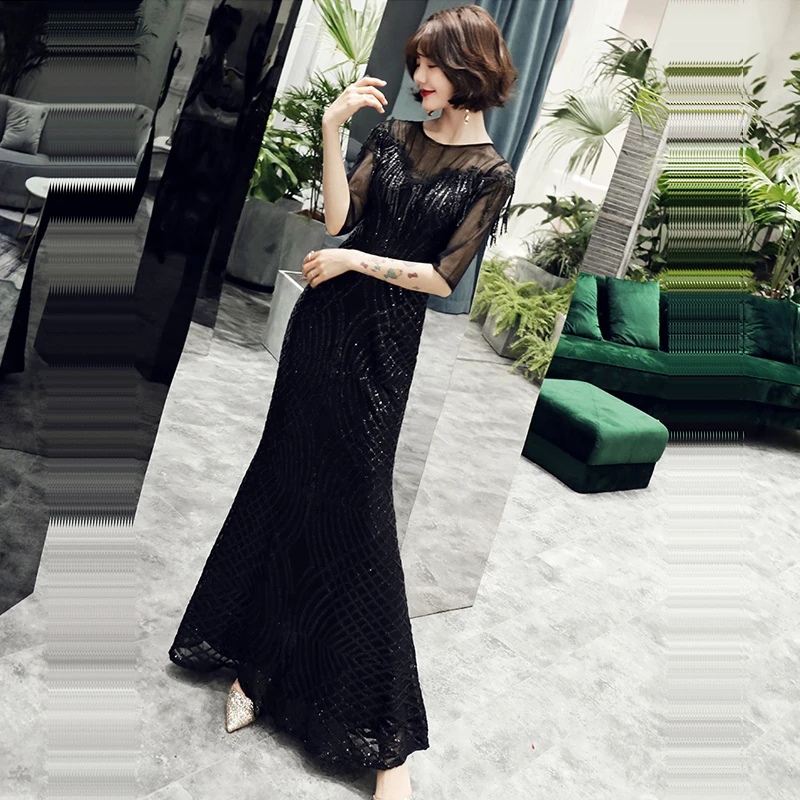 

Evening Dress Half-sleeve Women Party Dresses Elegant Backless Robe De Soiree 2019 Plus Size O-neck Sequin Formal Gowns E722