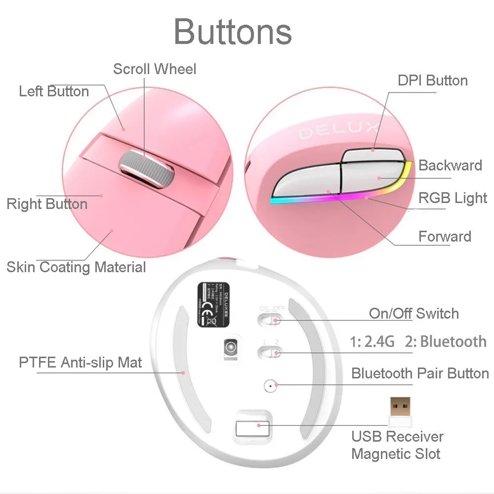 Bluetooth 4,0 Delux M618 мышь Беспроводная 2,4 ГГц перезаряжаемая 2400 dpi RGB вертикальная игровая мышь геймерская эргономичная мышь для ПК ноутбука