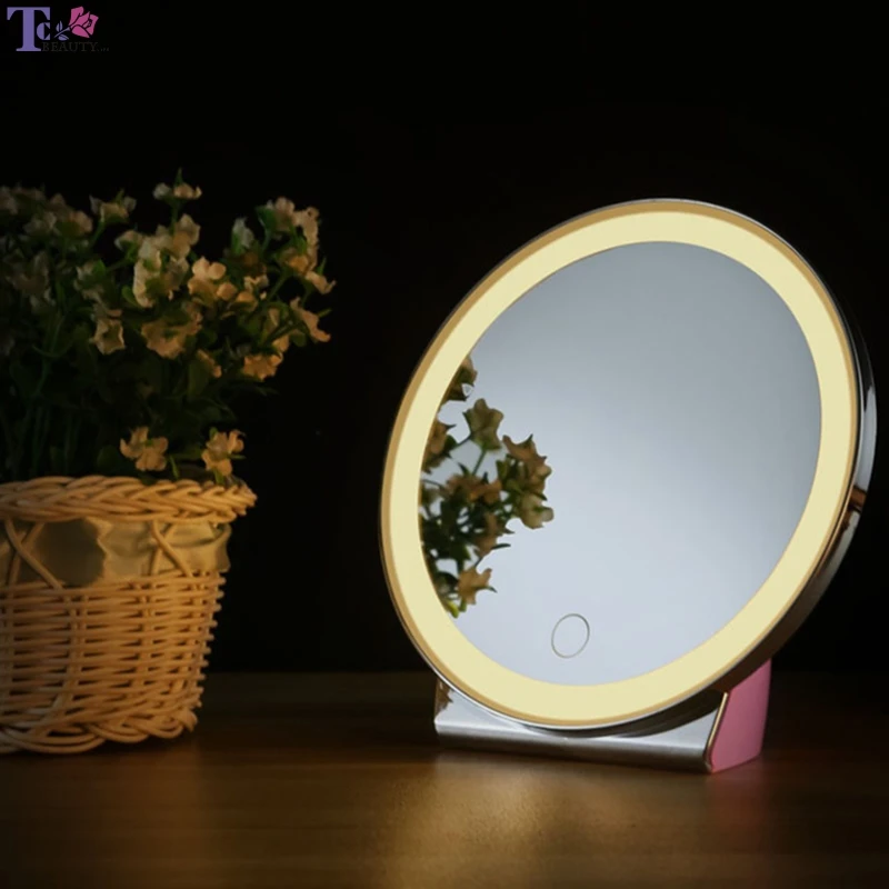 

LED Light 3 Colors Makeup Mirror Touch Screen Table Illuminated Cosmetic Lamp Portable Round Mirrors With Battery Rechargeable