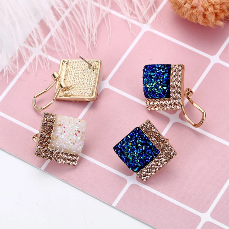 Luxury Royal Blue Crystal Rhombus Ear Clip For Women Unique Design Personality Rhinestone Earring pendientes Bijoux Gift2019 | Украшения и