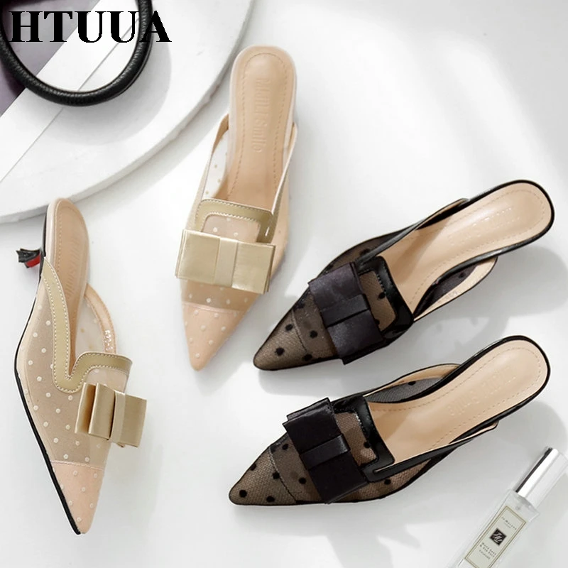 

HTUUA 2019 Designer Bow Closed Pointed Toe Mules Shoes Women Slippers Med Heel Slides Outside Summer Shoes Woman Sandals SX2641