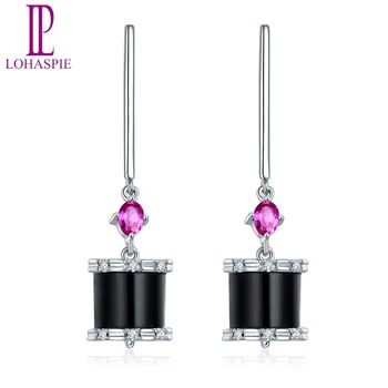 

LP Solid 18K White Gold Earrings Natural Black Agate Ruby Diamond Fine Fashion Stone Fine Jewelry For Women Wedding Gift 2019