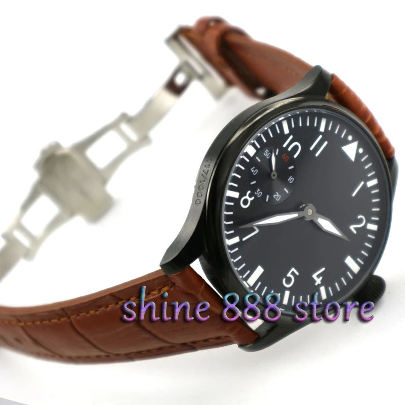 

44mm Parnis watch gray dial deloyment buckle Brown strap 6497 mechanical hand winding movement Men's watch