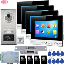 7” UI Display Video Intercom With Video Recording+8GB TF Card RFID Access Outdoor Camera for 4 Apartments+Electric Strike LocK