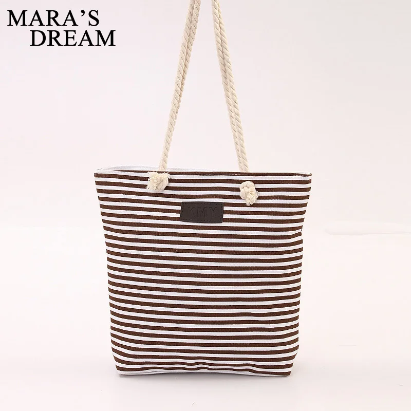 Mara's Dream Fashion Canvas Unisex Stripe Women Zipper Handbag Strap Coffee Shopping Bag Shoulder Bag Lady Bags