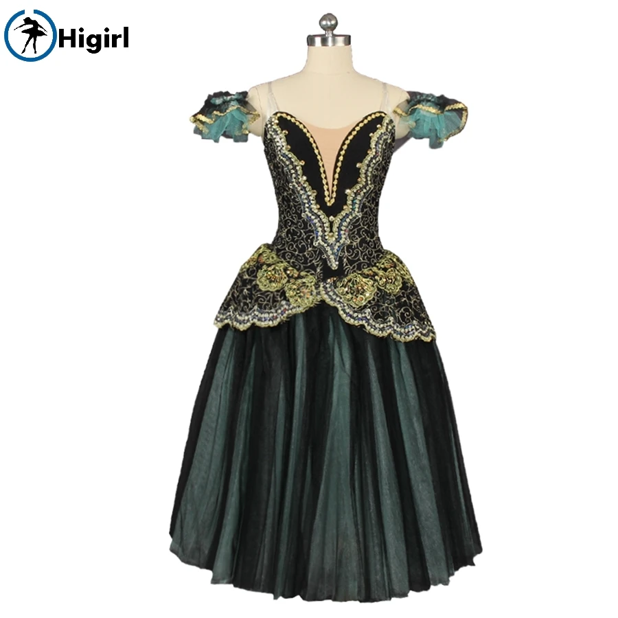 Competiton Women Black Green  Professional Ballet Tutu Dress Adult Ballerina La Esmeralda Performance Ballet Long Skirt BT9168