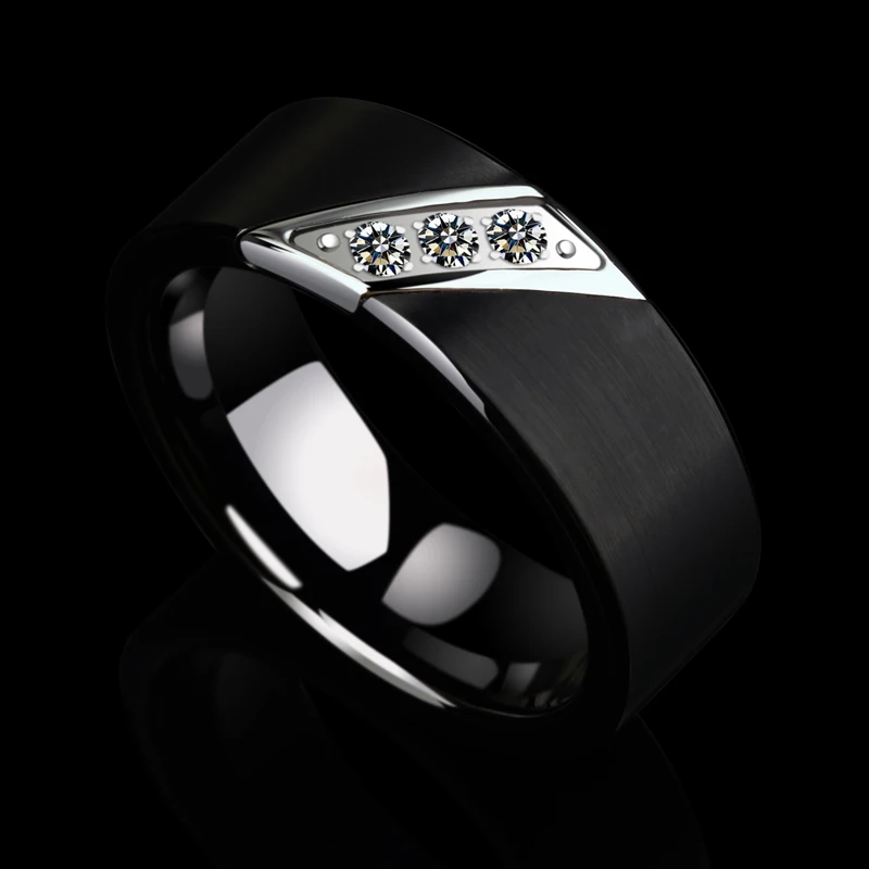 

New Arrival Men's 8mm Black Brushed Tungsten Wedding Band Rings with Three Cubic Zirconia Septem Birthstone Rings Size 7 to 10