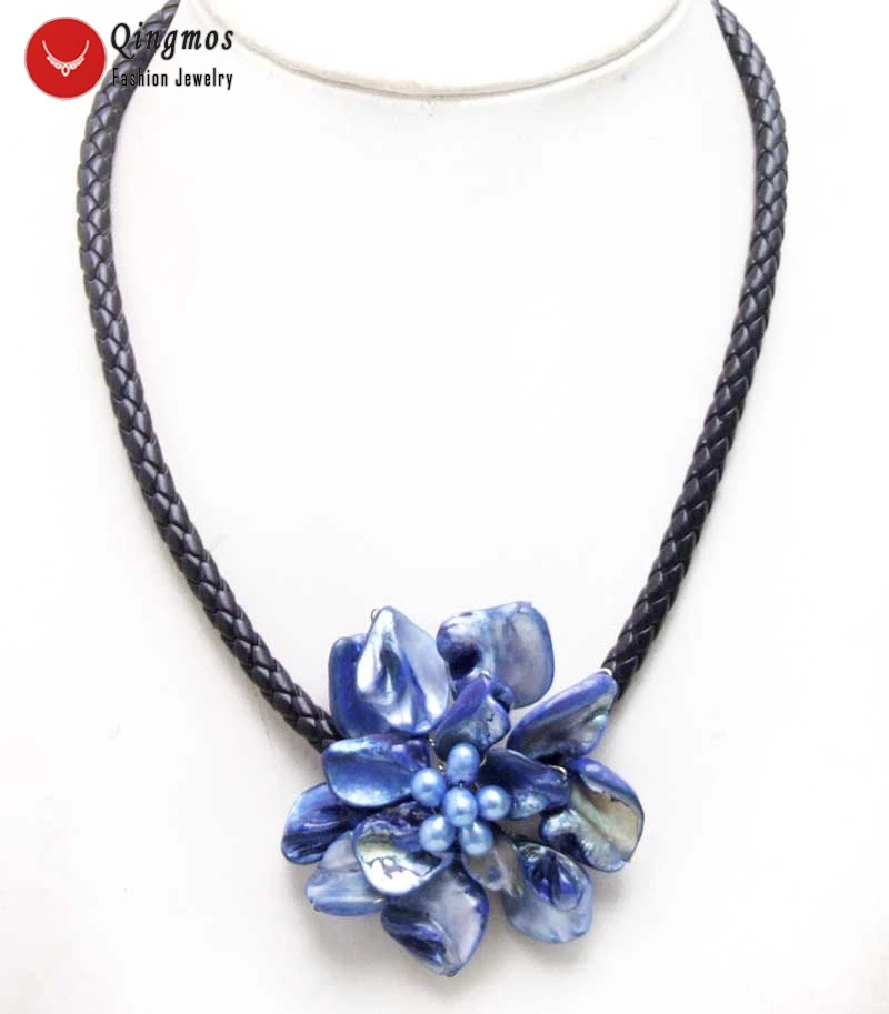 

Qingmos Dark Blue Baroque Shell Flower 18'' Pendant Choker Necklace for Women with Shell Natural Pearl Black Rope Colar-6359