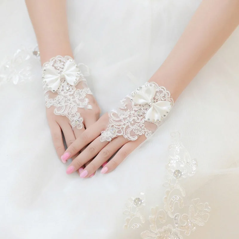 1 пара, модные короткие перчатки без пальцев, стразы, кружево, красивый цветочный бант, красивые белые перчатки