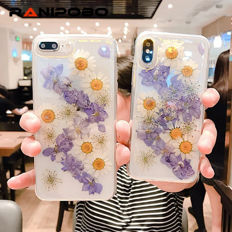 

Real Pressed Dried Flowers Transparent Phone Case For iPhone XS Max XR 6 6s 7 8 Plus X Silicon TPU Floral Cover Cases Fundas