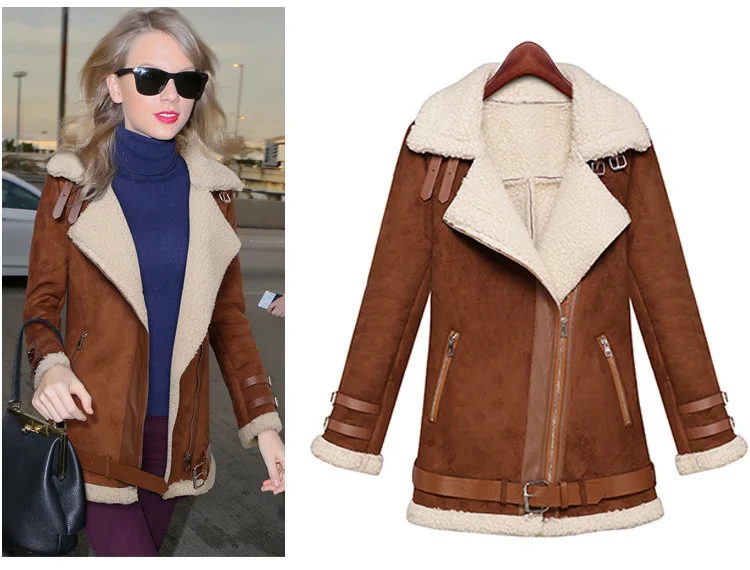 Winter Woman Suede Jackets Long Designer Shearling Coats Biker Warm Turn Collar Vintage Overcoat Brown Size S-Xl