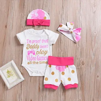 

Toddler Girl Clothes Letter Short Sleeve Bodysuit Top+Floral Short Pant+Hat+Haedband Set Infant BabyGirl Cloths OutfitY M M