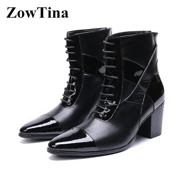 

Black Leather Men Winter Boots Lace Up Low Heels Botas Masculino Pointed Toe Motorcycle Booties Shoes Fashion Work Botines