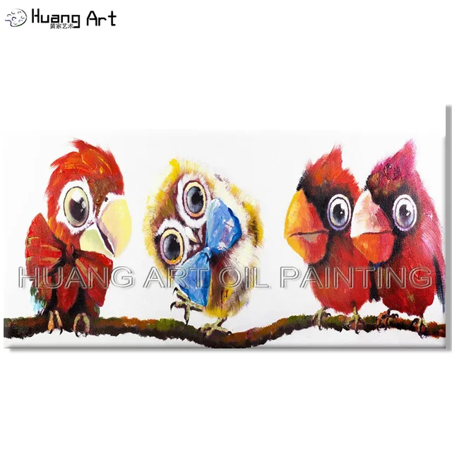 Funny Designed 4 Birds Friend Oil Painting on Canvas Artist Hand Painted Funny Dancer Birds
