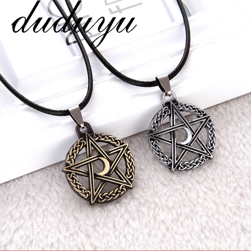 

Men's Titanium Steel Six-pointed Star Moon Necklace Leather Rope Male Punk Pendant Jewelry Gift