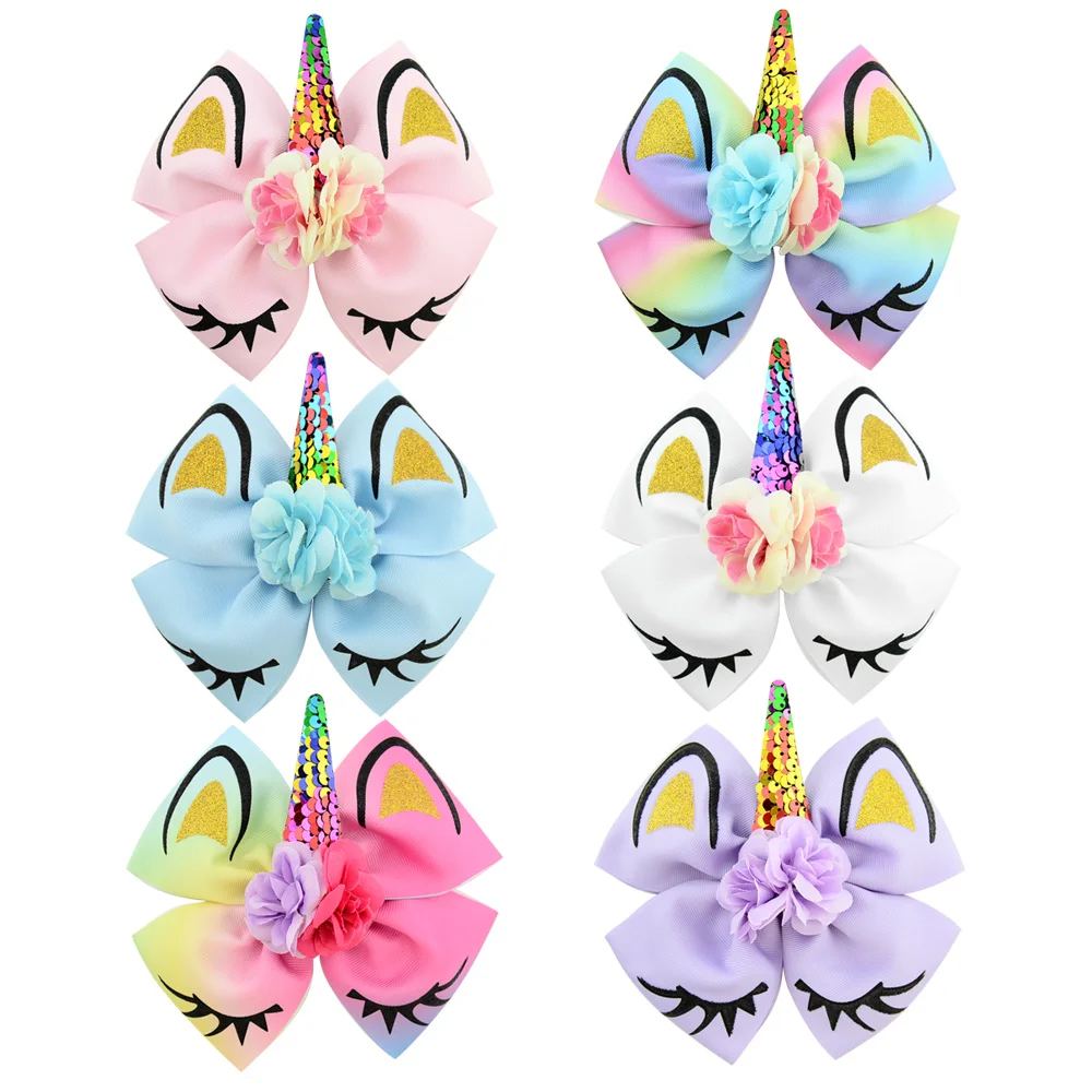 

6Pcs/lot 6.3Inch Fashion Cute gradient big hair clip unicorn sequins Tie bowknot Funny children's bow rubber Hair clip 885