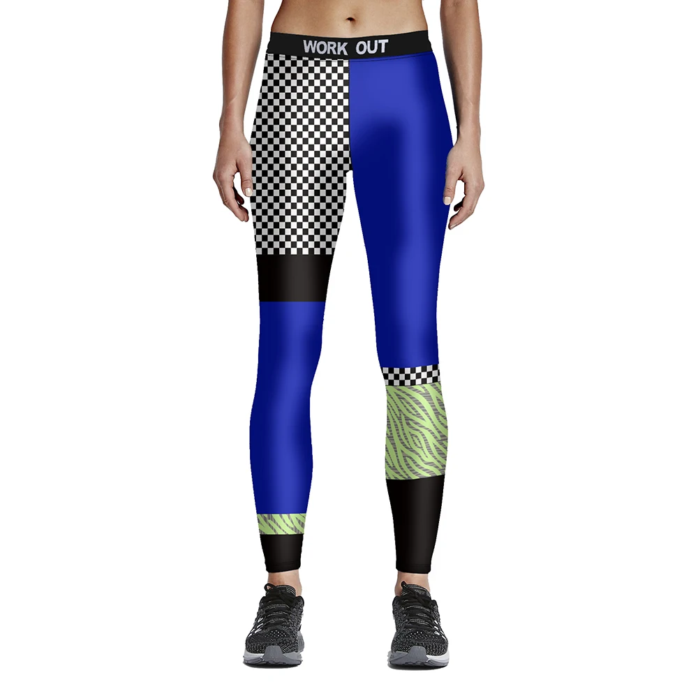 Большие размеры, геометрические сетчатые Синие леггинсы для бега, синие эластичные спортивные штаны в стиле пэчворк, S до 4XL, штаны для бега
