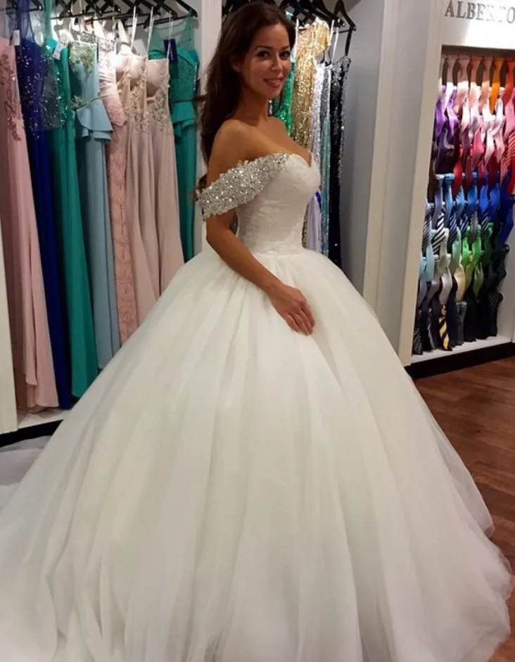 

Bling Crystal Off Shoulders Ball Gown Wedding Dresses Sweetheart Puffy Tulle Princess Bridal Dress vestido de novia talla grande