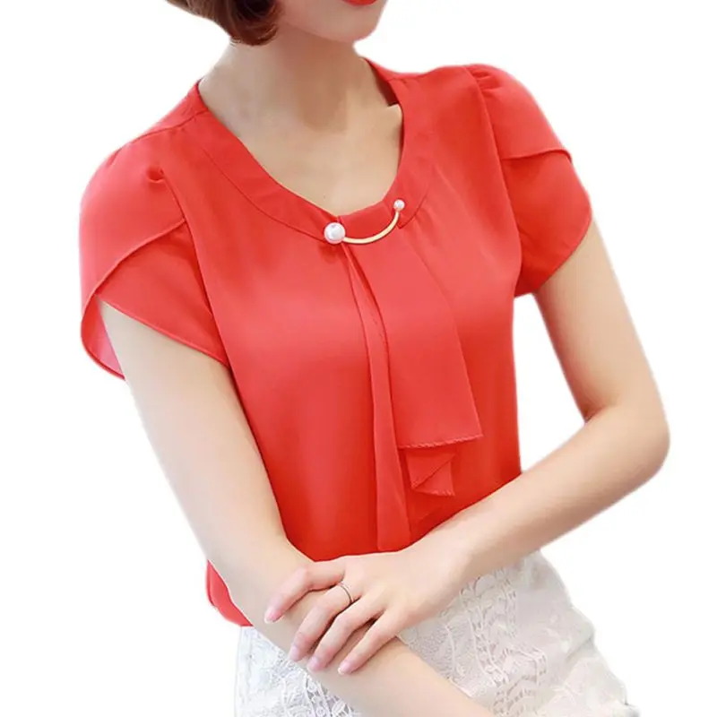 Для женщин короткий рукав шифоновая рубашка женские офисные o-образный вырез блузы-Рубашки приталенные - Цвет: Красный