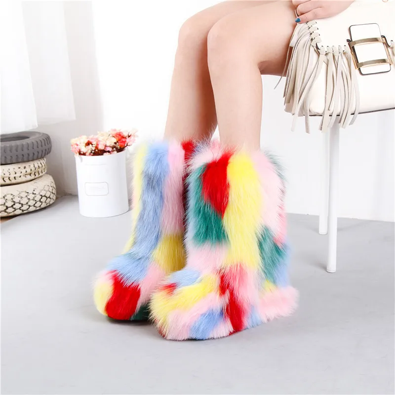 

2018 European and American colorful fox fur height increasing snow boots genuine leather round toe 13 cm heel women's half boots