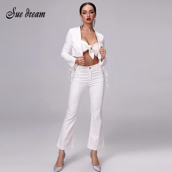 

2020 Summer New Fashion Tops Pants Set Speaker Long Sleeve 3 Piece Stripe Lapel Suit Blazer Fashion Vestidos Wholesale