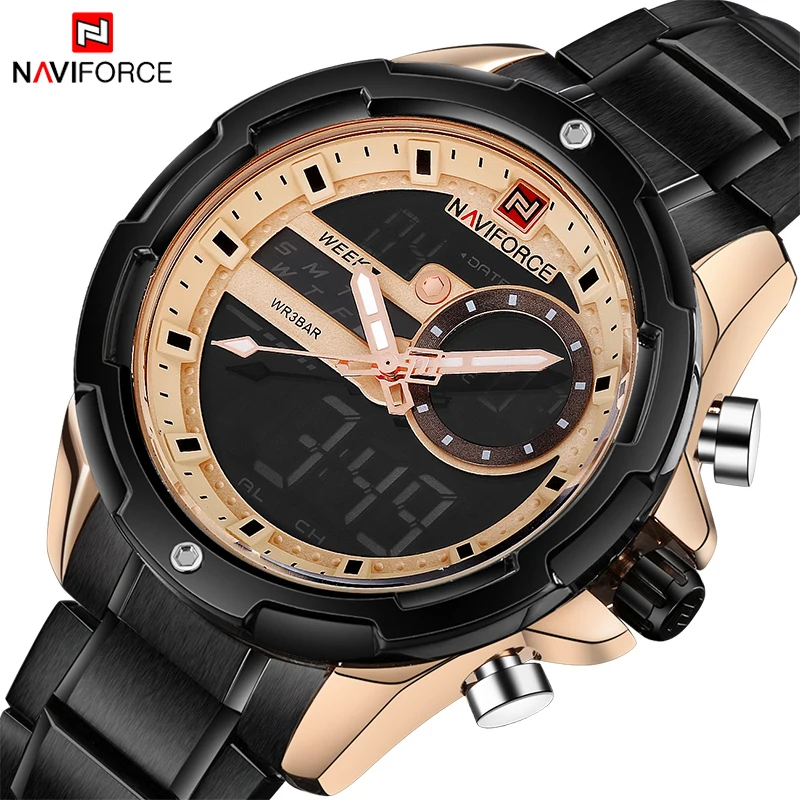

NAVIFORCE Top Brand Men Sports Watch Luxury Men's Full Steel Quartz Waterproof Analog LED Dual Display Clock Male Wristwatches