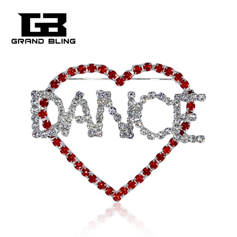 

Crystal "LOVE DANCE" Word Brooch Jewelry with a Big Size Red Heart