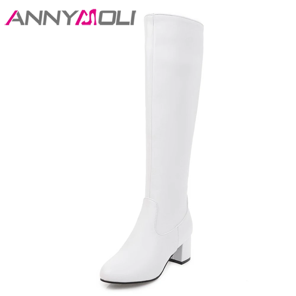 

ANNYMOLI Knee High Boots Winter Women Shoes Zipper High Heel Tall Boots Sewing Thick Heel Ladies Boots New Black Big Size 33-43